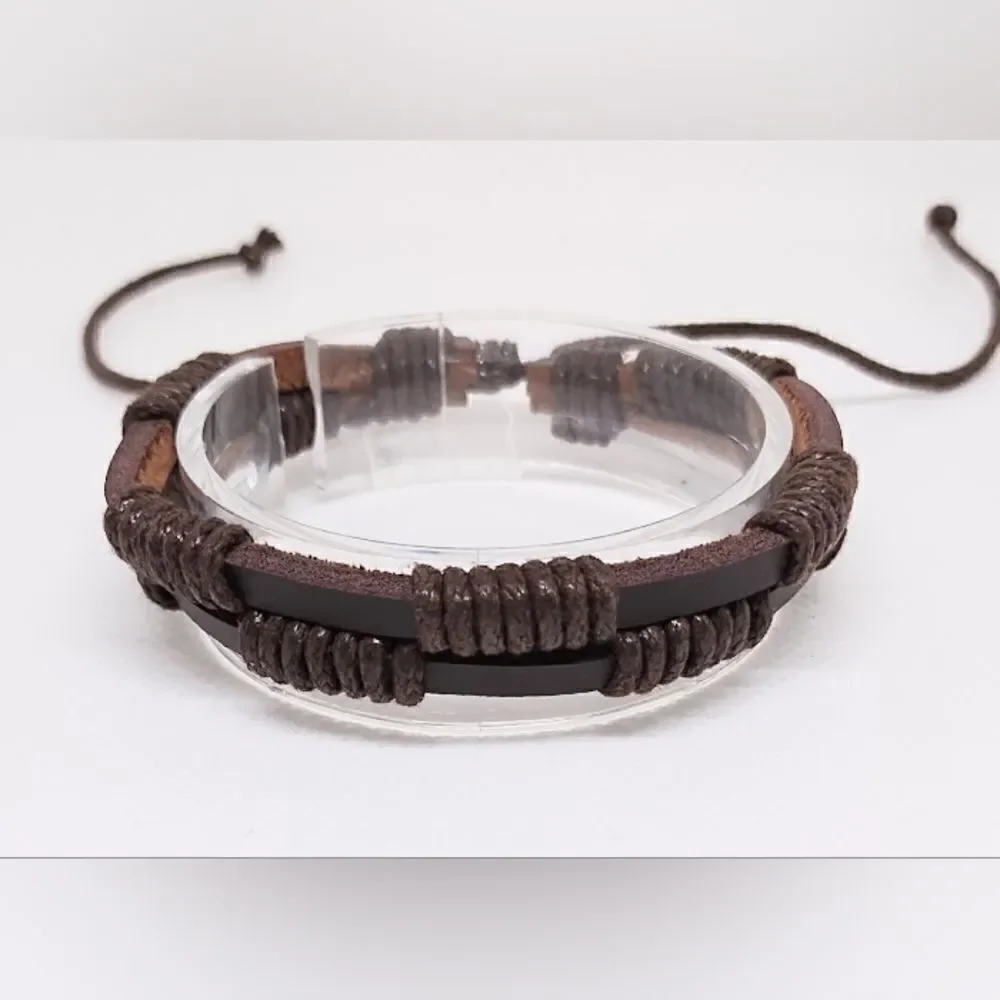 NEW leather‎ bracelet layered brown e24